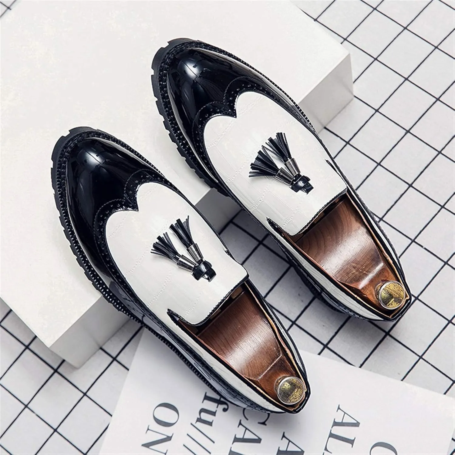 Men's Classic Business Oxfords Large Size Tassel Patchwork Loafers Crocodile Embossed Round Toe Slip-on Wingtip Block Heel Anti-Slip Formal Men