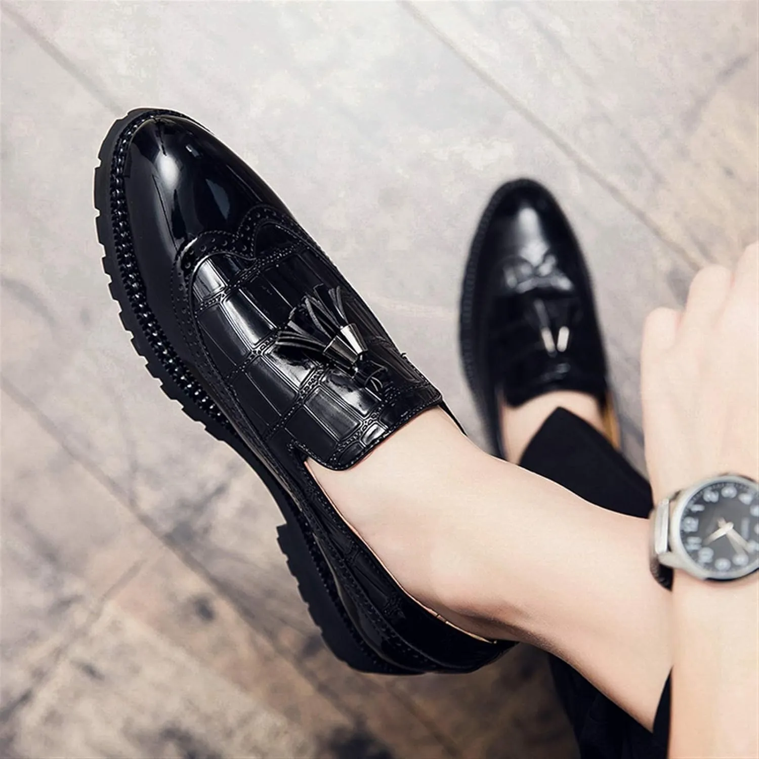 Men's Classic Business Oxfords Large Size Tassel Patchwork Loafers Crocodile Embossed Round Toe Slip-on Wingtip Block Heel Anti-Slip Formal Men