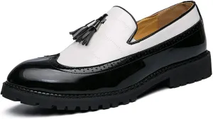 Men's Classic Business Oxfords Large Size Tassel Patchwork Loafers Crocodile Embossed Round Toe Slip-on Wingtip Block Heel Anti-Slip Formal Men