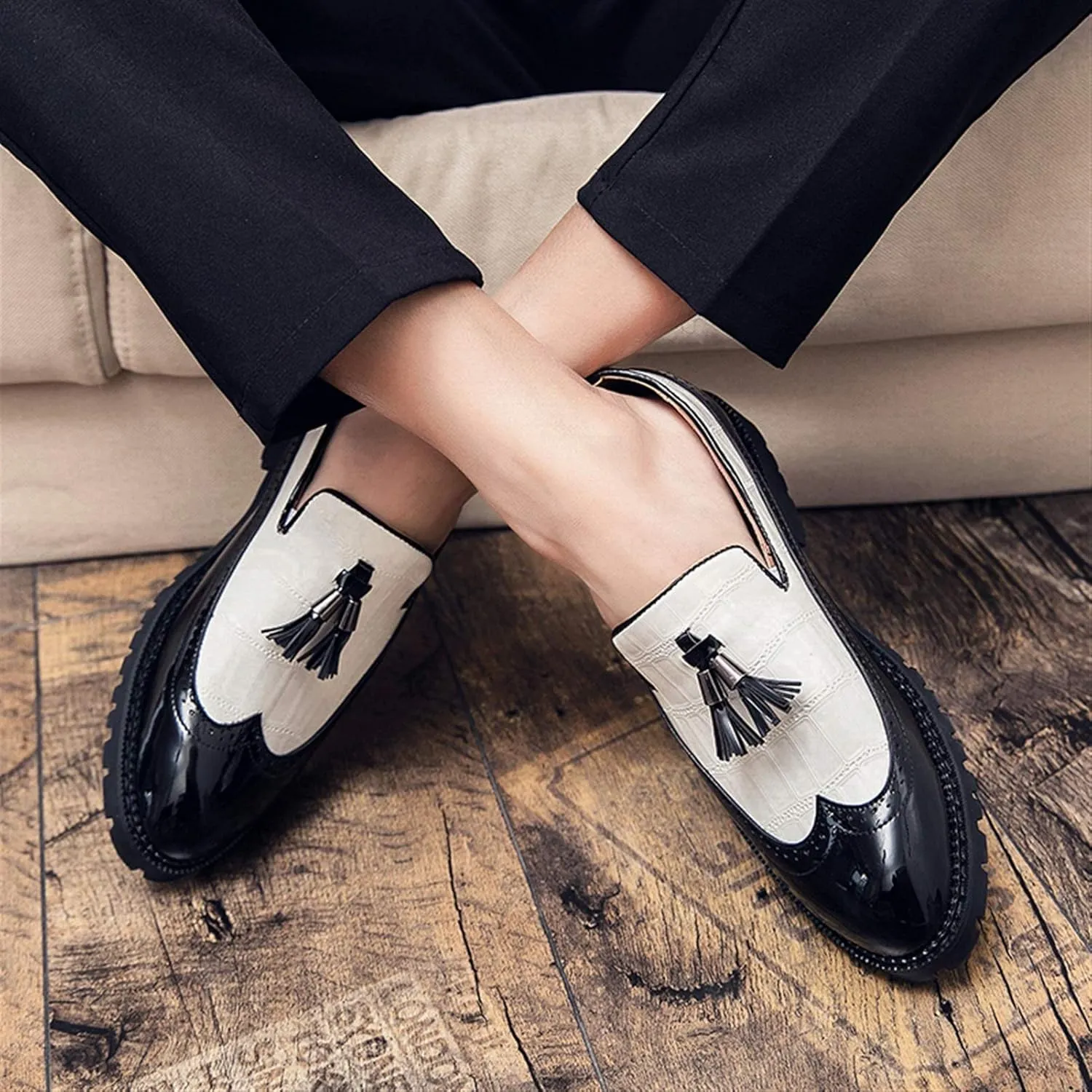Men's Classic Business Oxfords Large Size Tassel Patchwork Loafers Crocodile Embossed Round Toe Slip-on Wingtip Block Heel Anti-Slip Formal Men