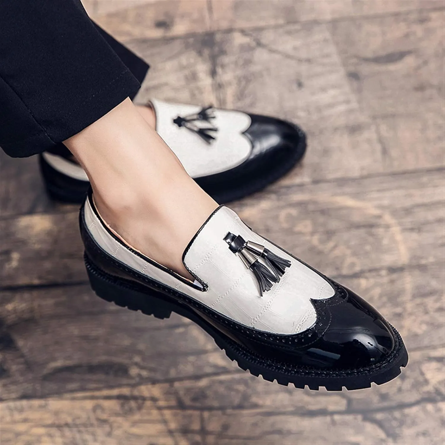 Men's Classic Business Oxfords Large Size Tassel Patchwork Loafers Crocodile Embossed Round Toe Slip-on Wingtip Block Heel Anti-Slip Formal Men