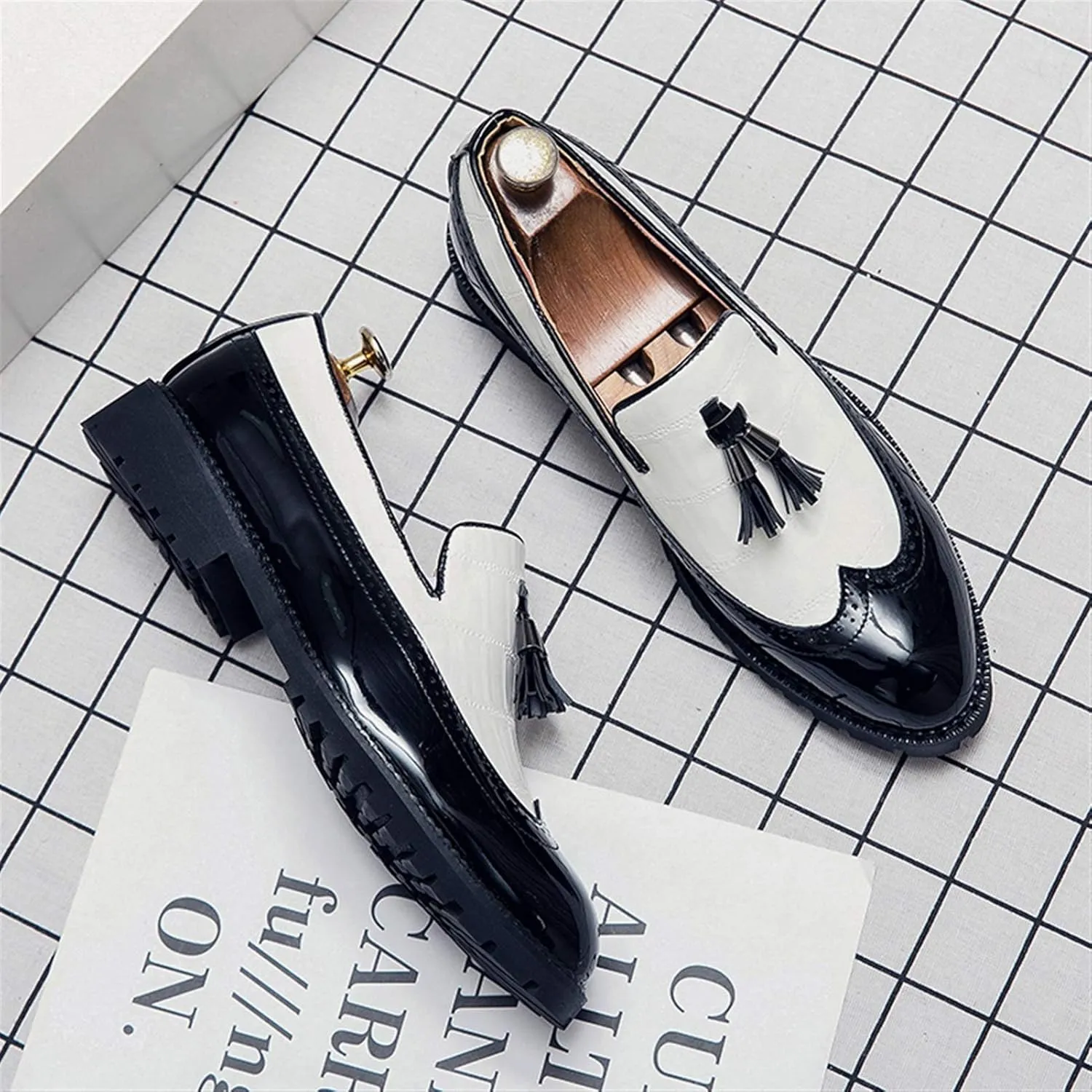 Men's Classic Business Oxfords Large Size Tassel Patchwork Loafers Crocodile Embossed Round Toe Slip-on Wingtip Block Heel Anti-Slip Formal Men