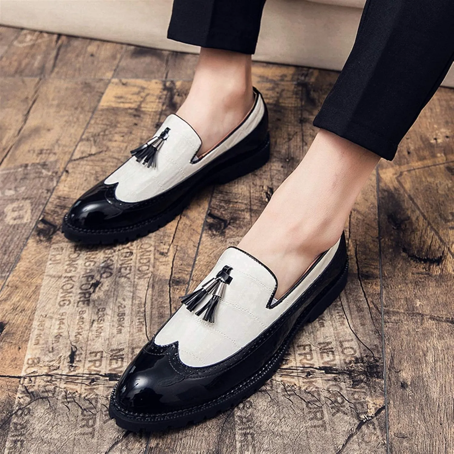 Men's Classic Business Oxfords Large Size Tassel Patchwork Loafers Crocodile Embossed Round Toe Slip-on Wingtip Block Heel Anti-Slip Formal Men