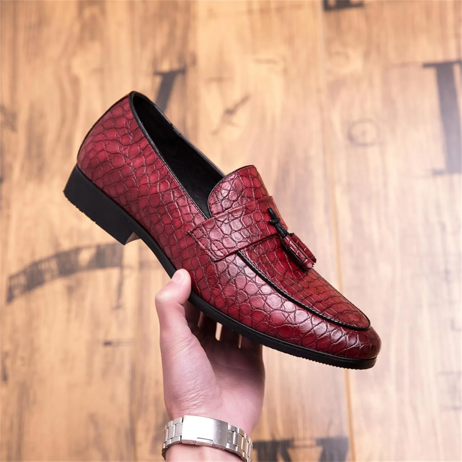 Men's Crocodile Printed Leather Tassel Loafers Classic Retro Slip-On Wing Tips Penny Dress Shoes for Party Dating Prom Business