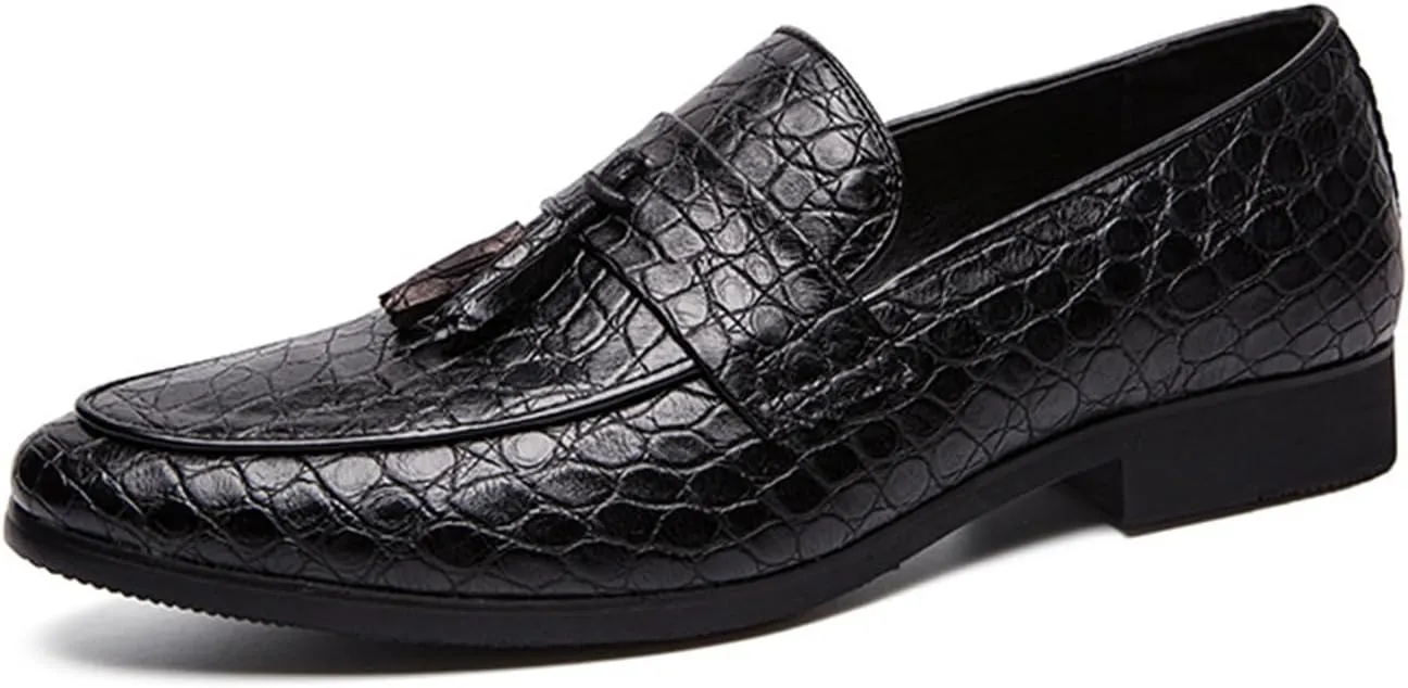 Men's Crocodile Printed Leather Tassel Loafers Classic Retro Slip-On Wing Tips Penny Dress Shoes for Party Dating Prom Business