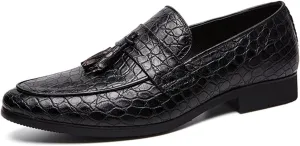 Men's Crocodile Printed Leather Tassel Loafers Classic Retro Slip-On Wing Tips Penny Dress Shoes for Party Dating Prom Business