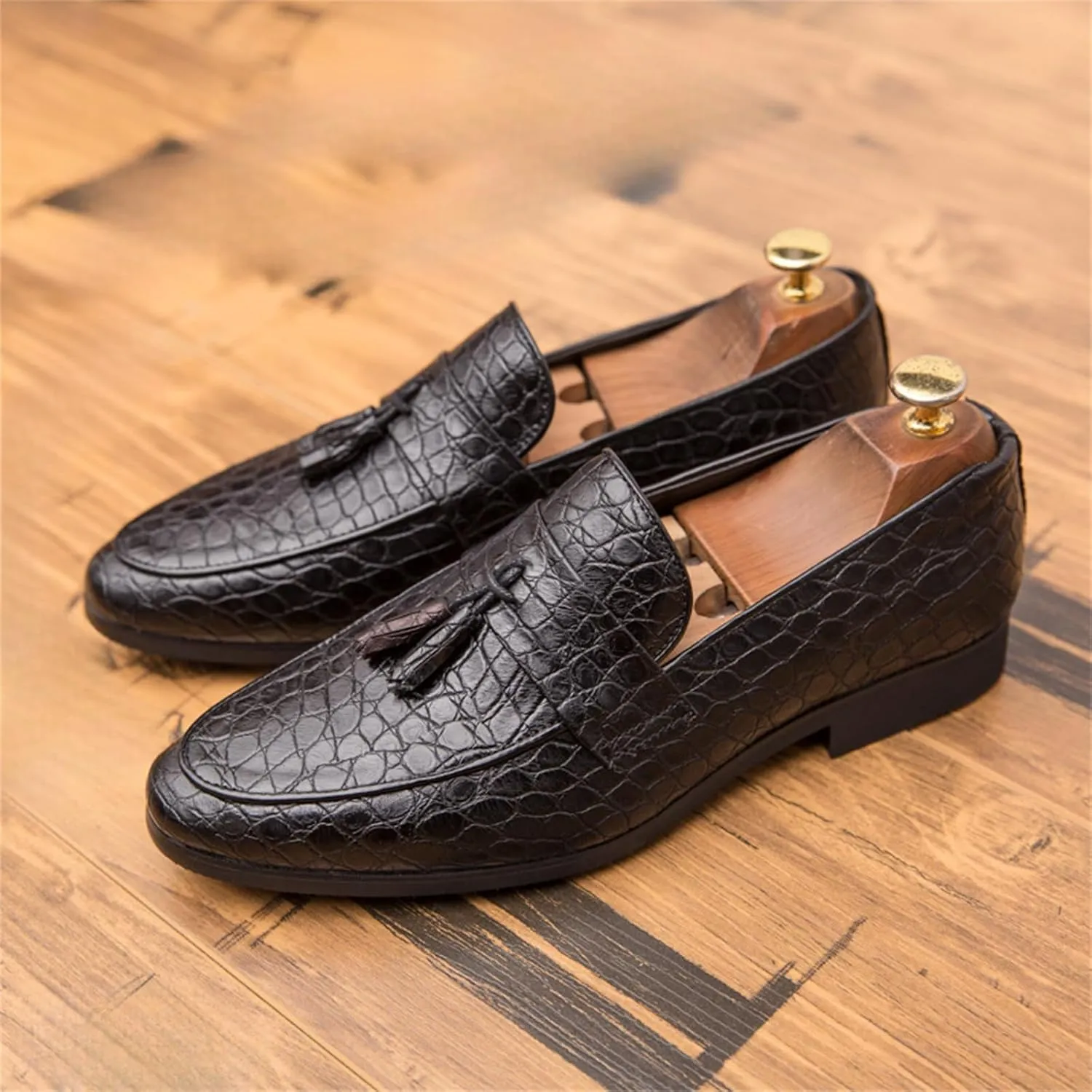 Men's Crocodile Printed Leather Tassel Loafers Classic Retro Slip-On Wing Tips Penny Dress Shoes for Party Dating Prom Business
