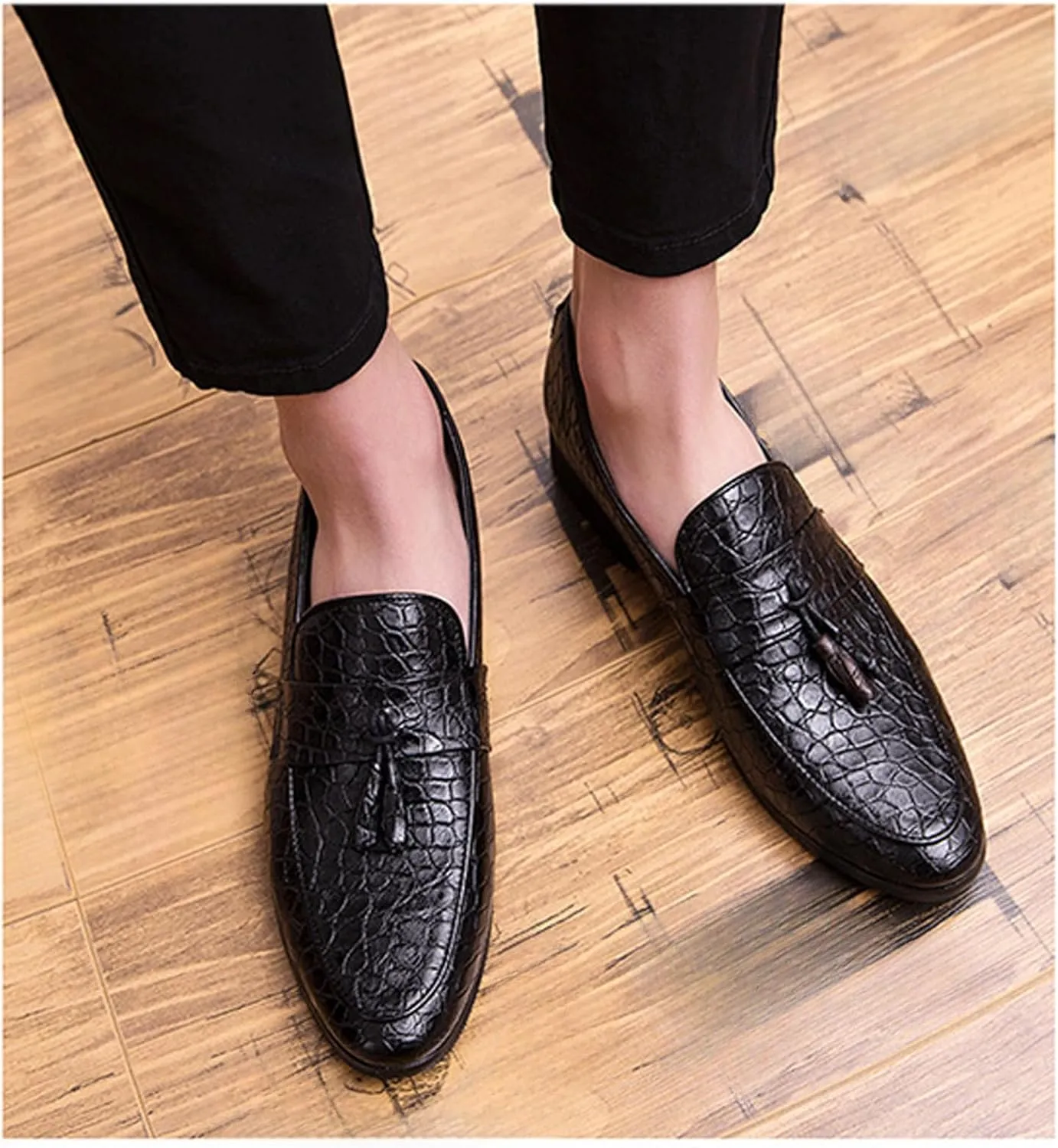 Men's Crocodile Printed Leather Tassel Loafers Classic Retro Slip-On Wing Tips Penny Dress Shoes for Party Dating Prom Business