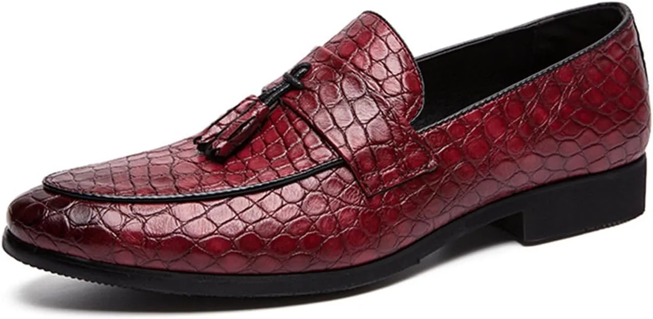 Men's Crocodile Printed Leather Tassel Loafers Classic Retro Slip-On Wing Tips Penny Dress Shoes for Party Dating Prom Business