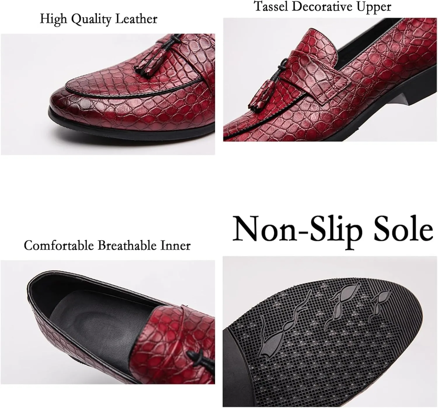 Men's Crocodile Printed Leather Tassel Loafers Classic Retro Slip-On Wing Tips Penny Dress Shoes for Party Dating Prom Business