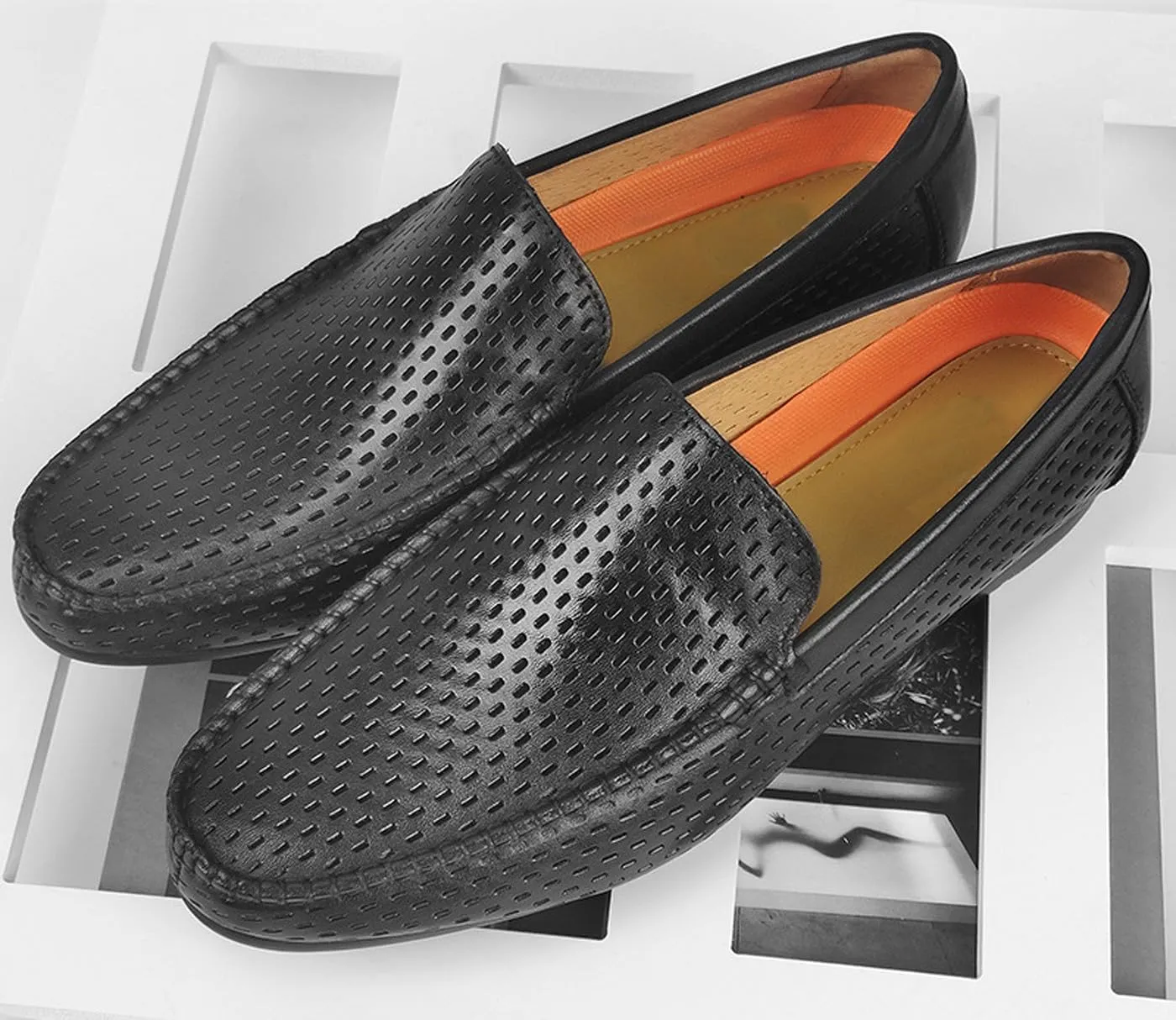 Men's Dress Loafers Black Leather Shoes - Classic Penny Loafers for Work, Casual-Non-Slip, Comfortable Walking Shoes-Breathable Hollow Design Mocasines