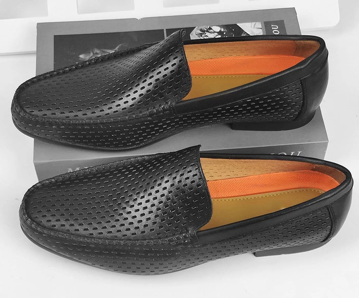 Men's Dress Loafers Black Leather Shoes - Classic Penny Loafers for Work, Casual-Non-Slip, Comfortable Walking Shoes-Breathable Hollow Design Mocasines