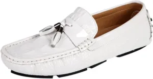 Men's Genuine Leather Loafers with Tassel, Round Toe, Faux Crocodile Grain, Slip-Resistant, Flexible, Comfortable Fashion Slip-Ons