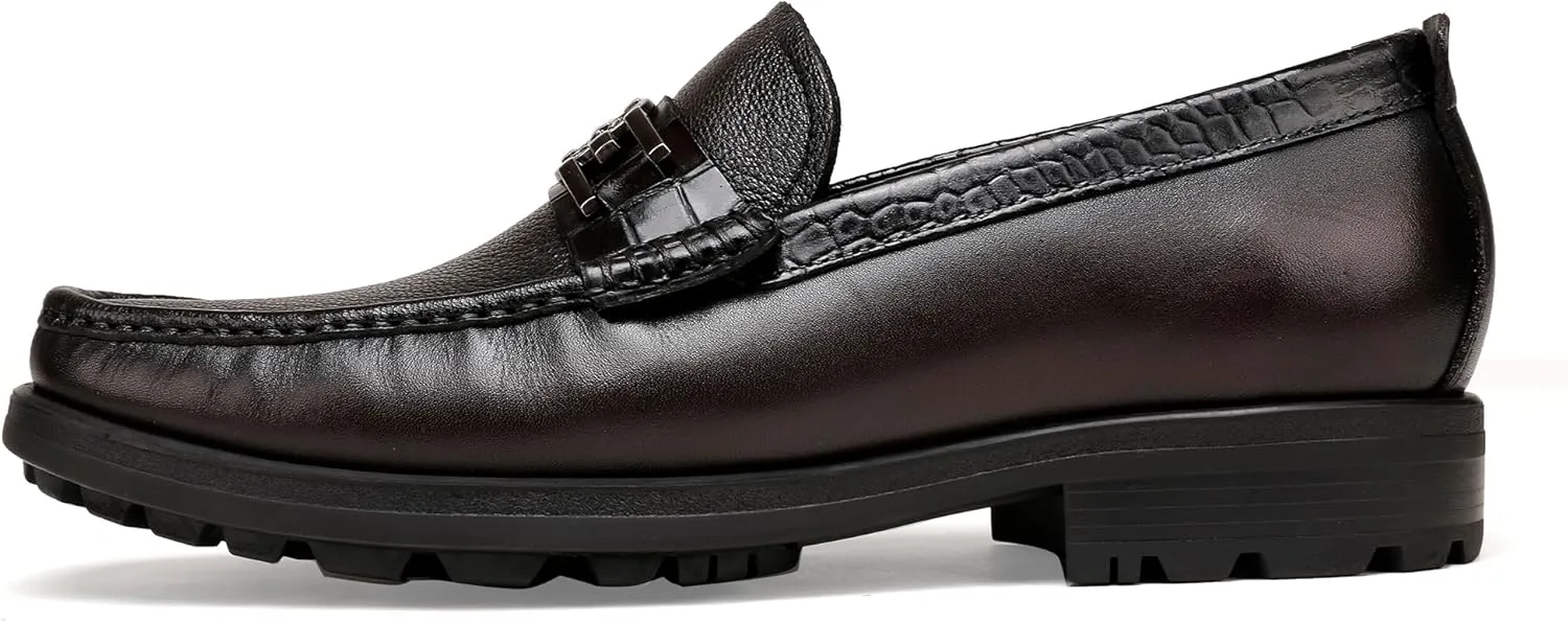 Mens Leather Penny Loafers, Classic Crocodile Printed Business Dress Shoes with Metal Buckle Slip on Penny Shoes for Mens