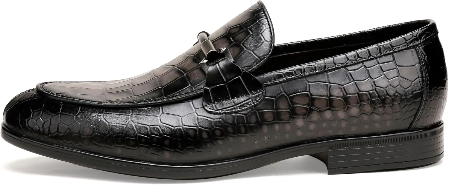 Mens Leather Penny Loafers, Classic Crocodile Printed Business Dress Shoes with Metal Buckle Slip on Penny Shoes for Mens