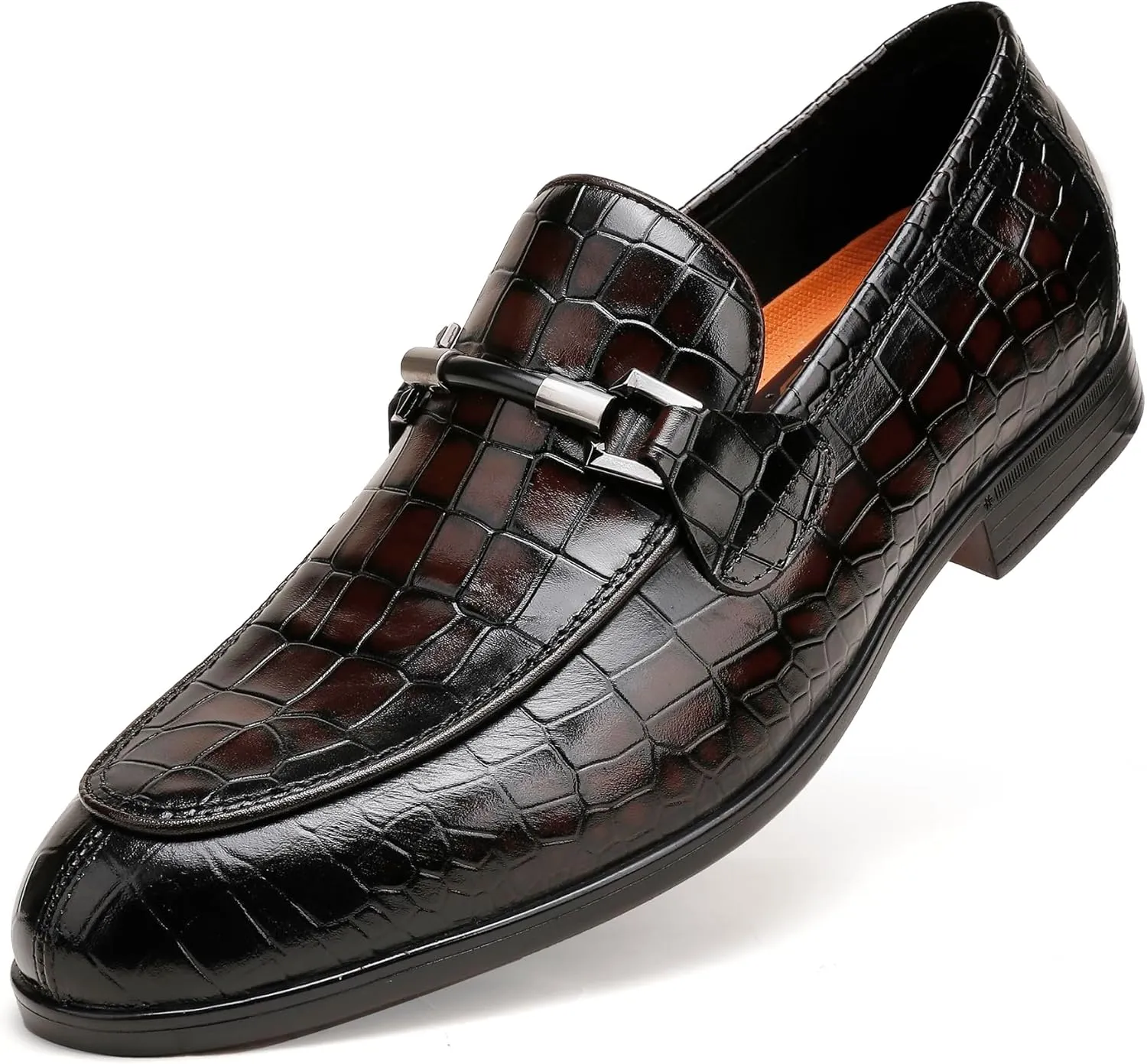 Mens Leather Penny Loafers, Classic Crocodile Printed Business Dress Shoes with Metal Buckle Slip on Penny Shoes for Mens
