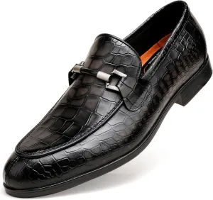 Mens Leather Penny Loafers, Classic Crocodile Printed Business Dress Shoes with Metal Buckle Slip on Penny Shoes for Mens