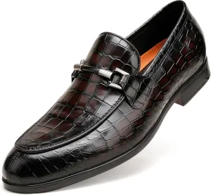 Mens Leather Penny Loafers, Classic Crocodile Printed Business Dress Shoes with Metal Buckle Slip on Penny Shoes for Mens