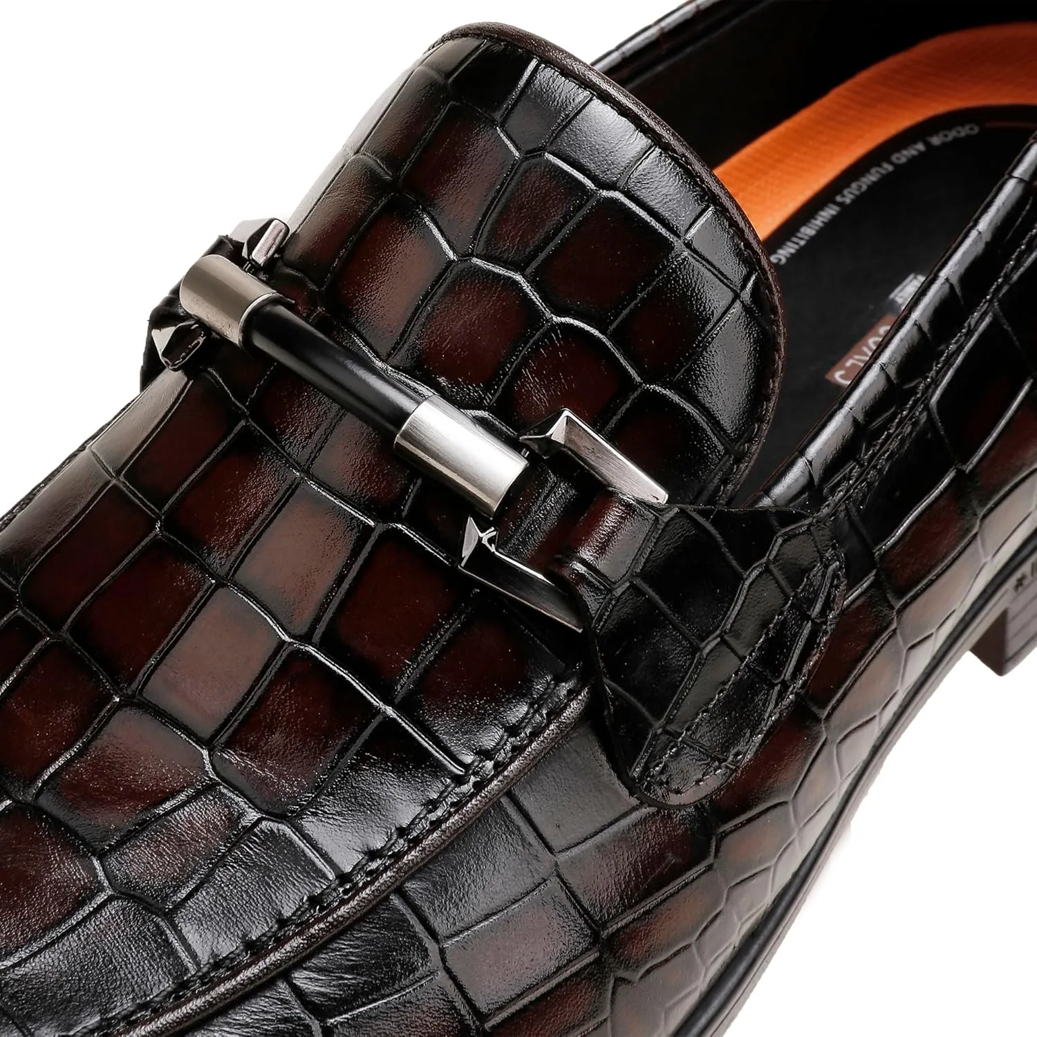 Mens Leather Penny Loafers, Classic Crocodile Printed Business Dress Shoes with Metal Buckle Slip on Penny Shoes for Mens