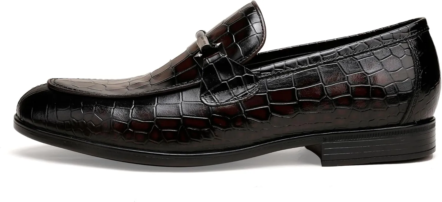 Mens Leather Penny Loafers, Classic Crocodile Printed Business Dress Shoes with Metal Buckle Slip on Penny Shoes for Mens