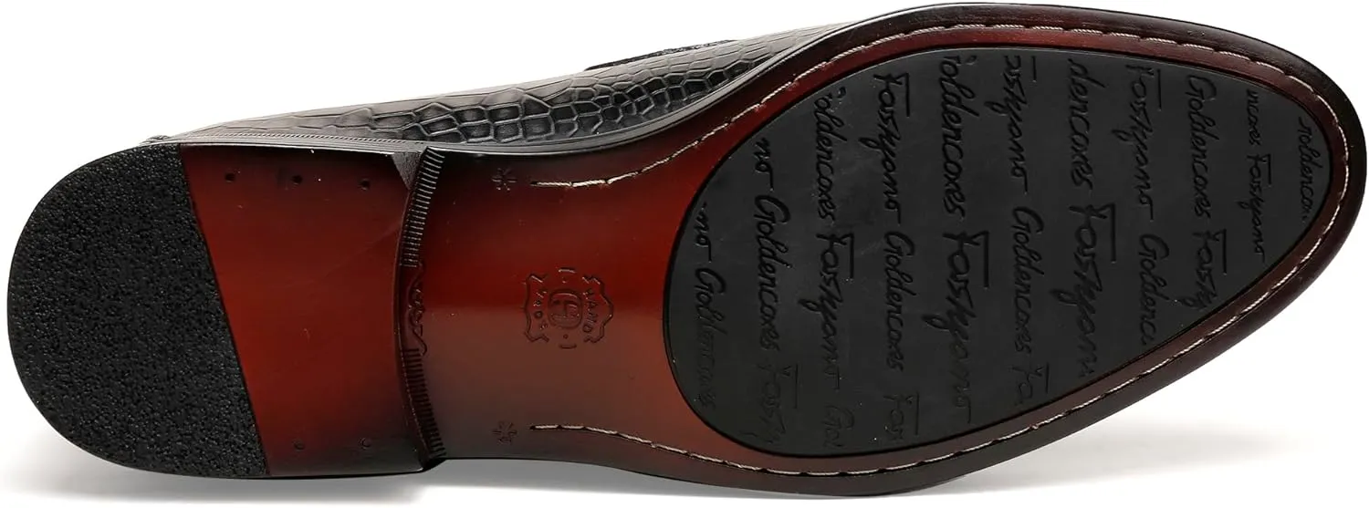Mens Leather Penny Loafers, Classic Crocodile Printed Business Dress Shoes with Metal Buckle Slip on Penny Shoes for Mens