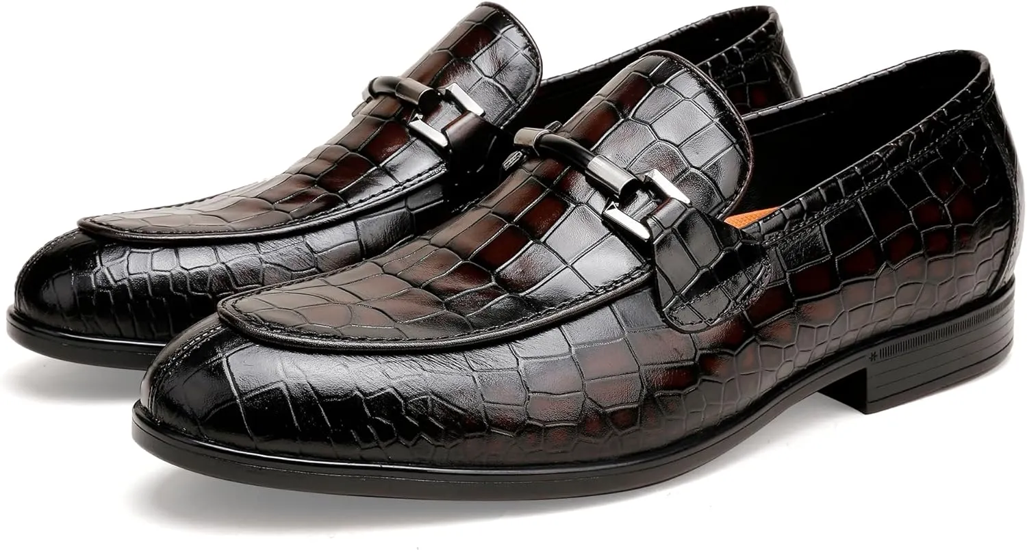 Mens Leather Penny Loafers, Classic Crocodile Printed Business Dress Shoes with Metal Buckle Slip on Penny Shoes for Mens