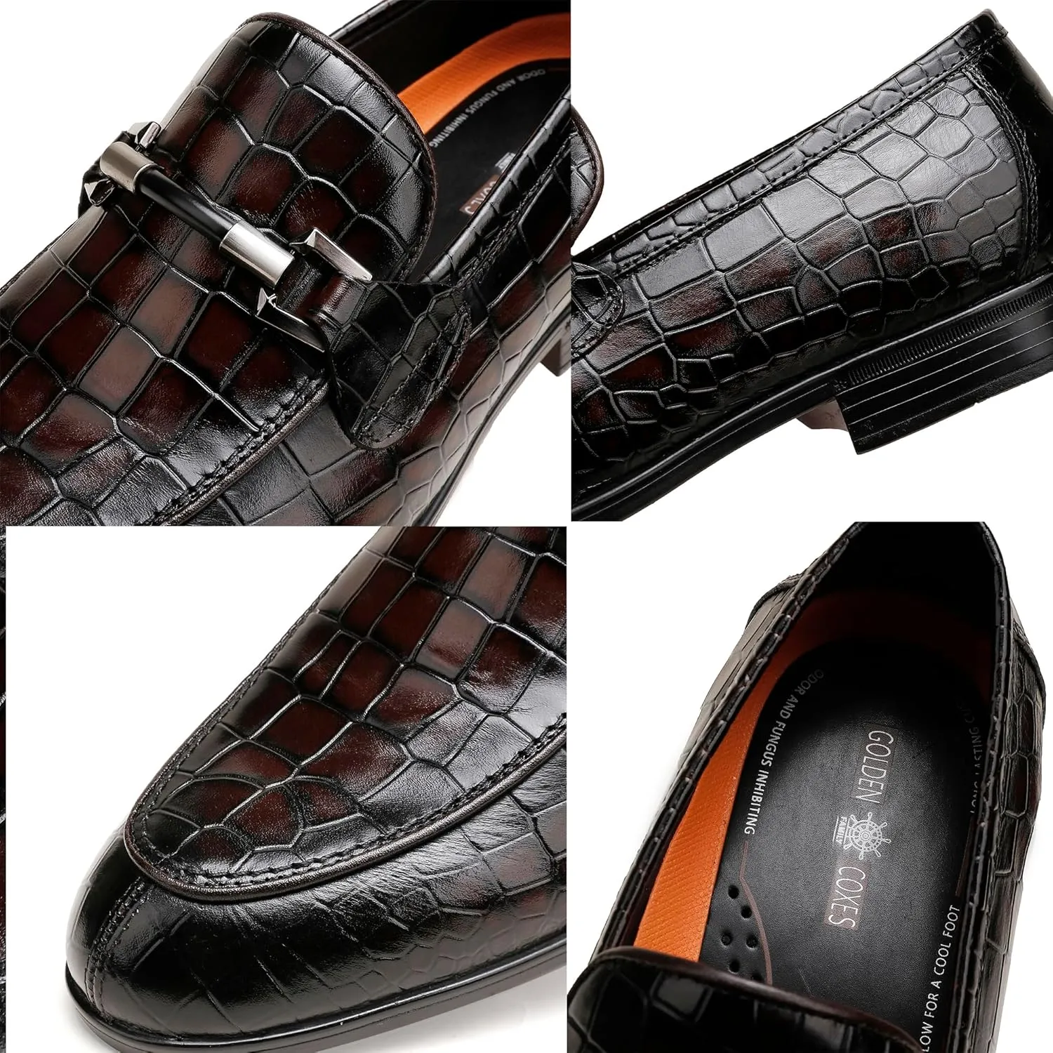 Mens Leather Penny Loafers, Classic Crocodile Printed Business Dress Shoes with Metal Buckle Slip on Penny Shoes for Mens