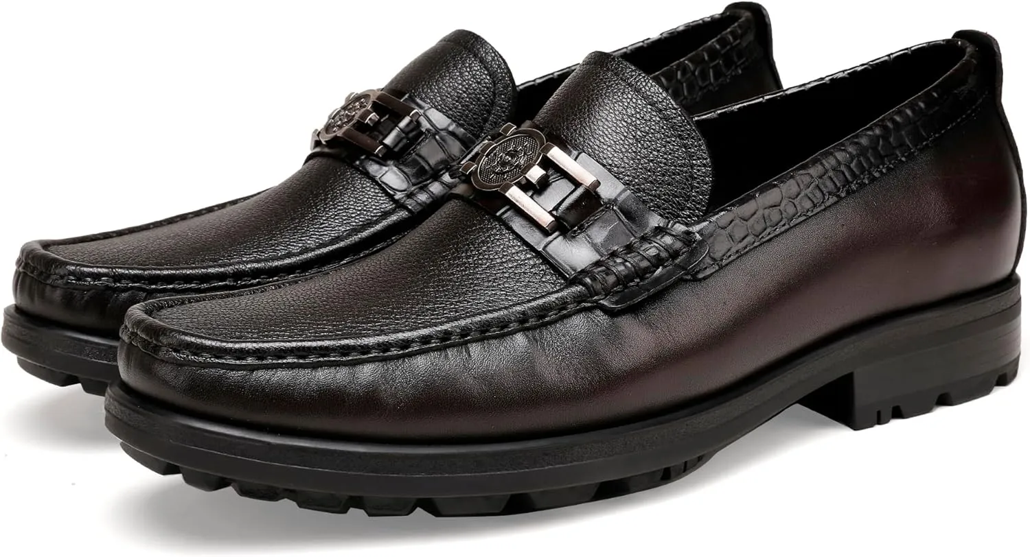 Mens Leather Penny Loafers, Classic Crocodile Printed Business Dress Shoes with Metal Buckle Slip on Penny Shoes for Mens