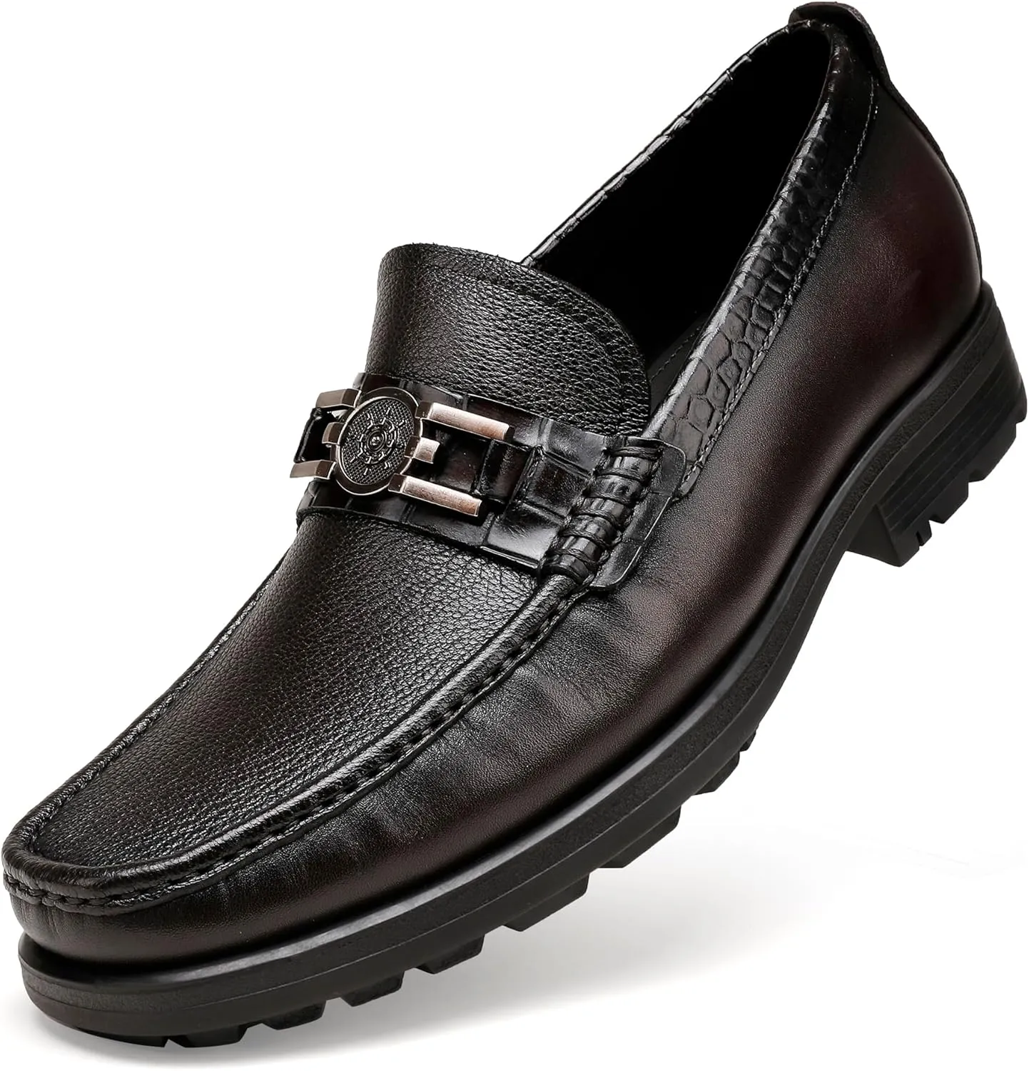 Mens Leather Penny Loafers, Classic Crocodile Printed Business Dress Shoes with Metal Buckle Slip on Penny Shoes for Mens