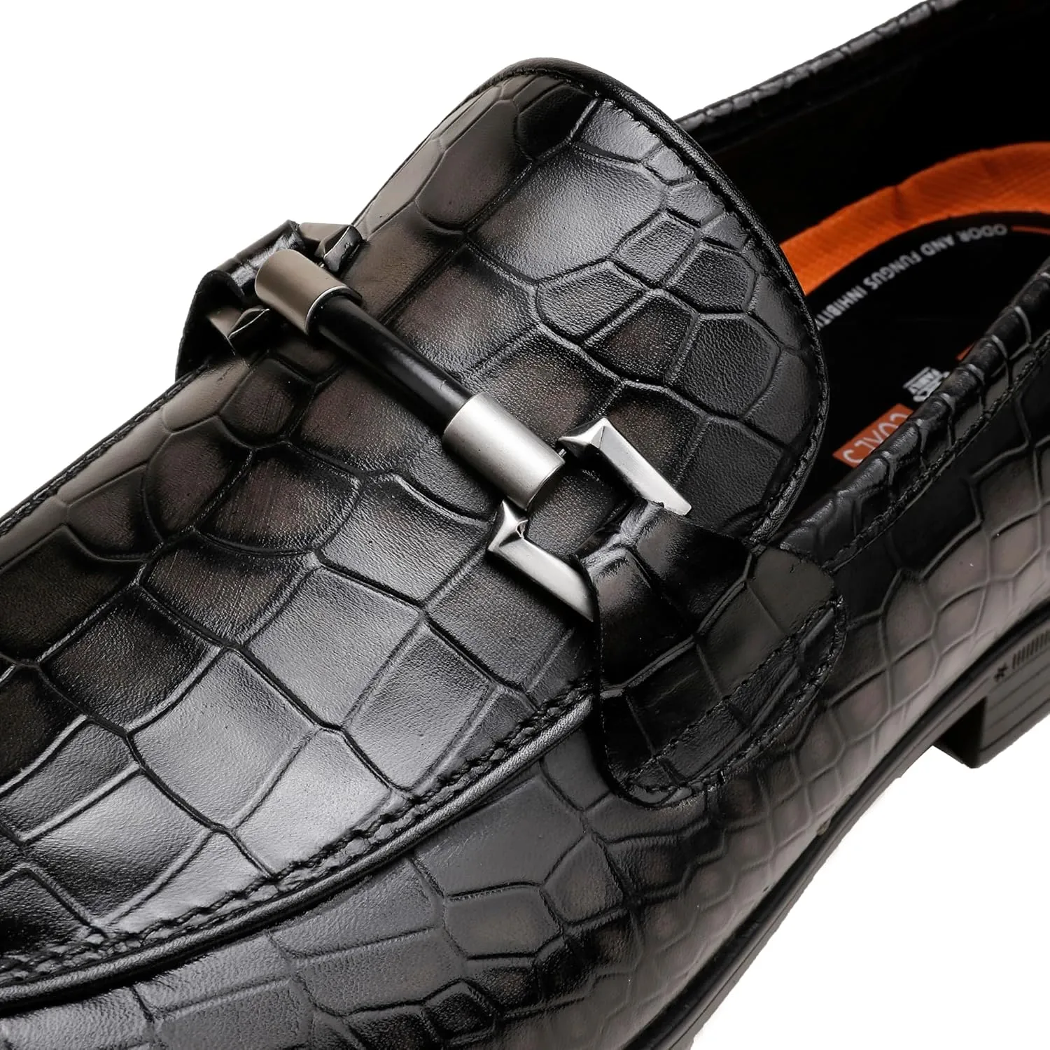 Mens Leather Penny Loafers, Classic Crocodile Printed Business Dress Shoes with Metal Buckle Slip on Penny Shoes for Mens