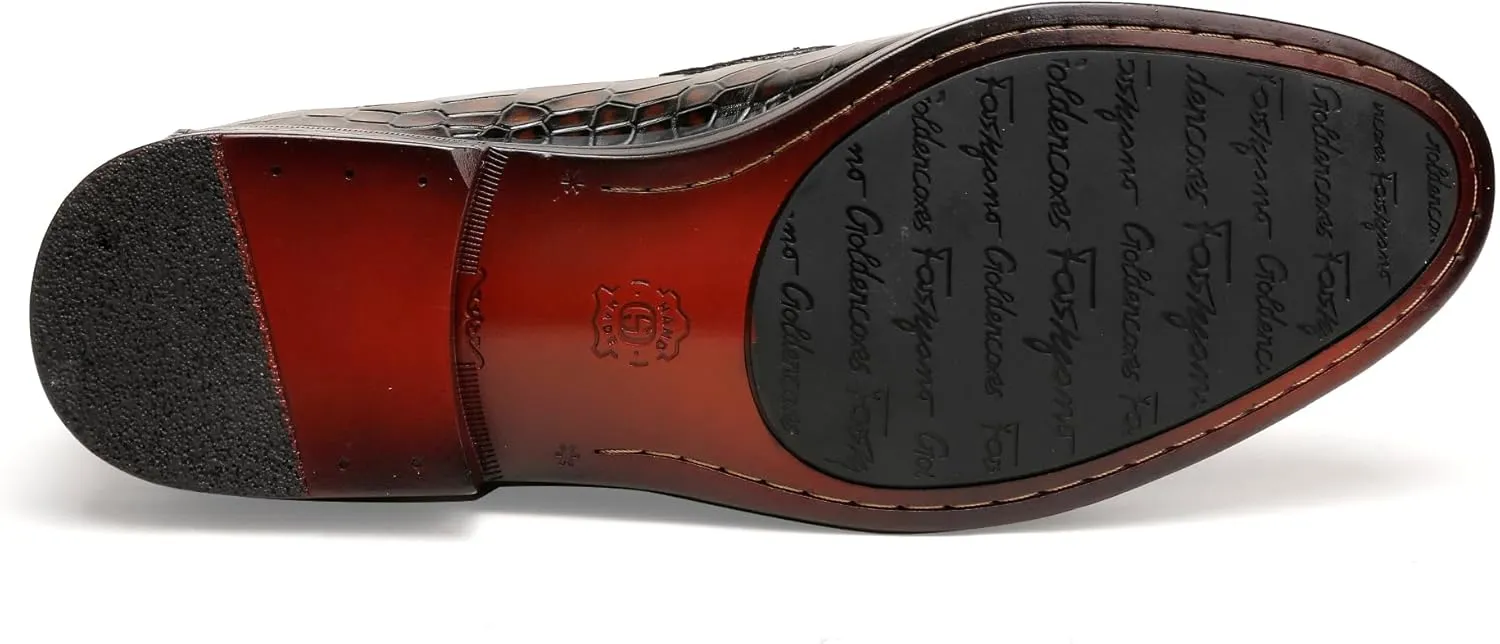 Mens Leather Penny Loafers, Classic Crocodile Printed Business Dress Shoes with Metal Buckle Slip on Penny Shoes for Mens