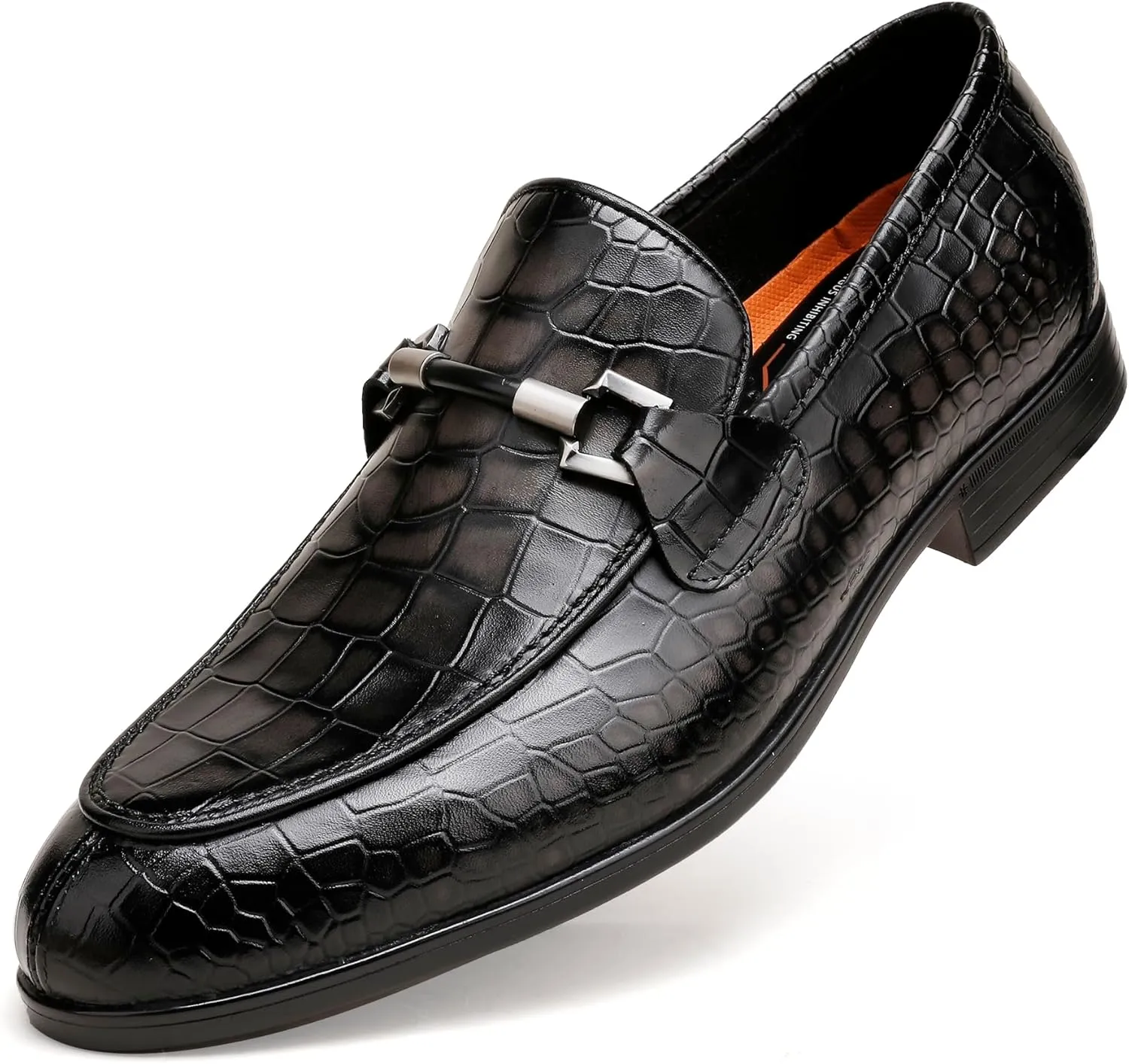 Mens Leather Penny Loafers, Classic Crocodile Printed Business Dress Shoes with Metal Buckle Slip on Penny Shoes for Mens