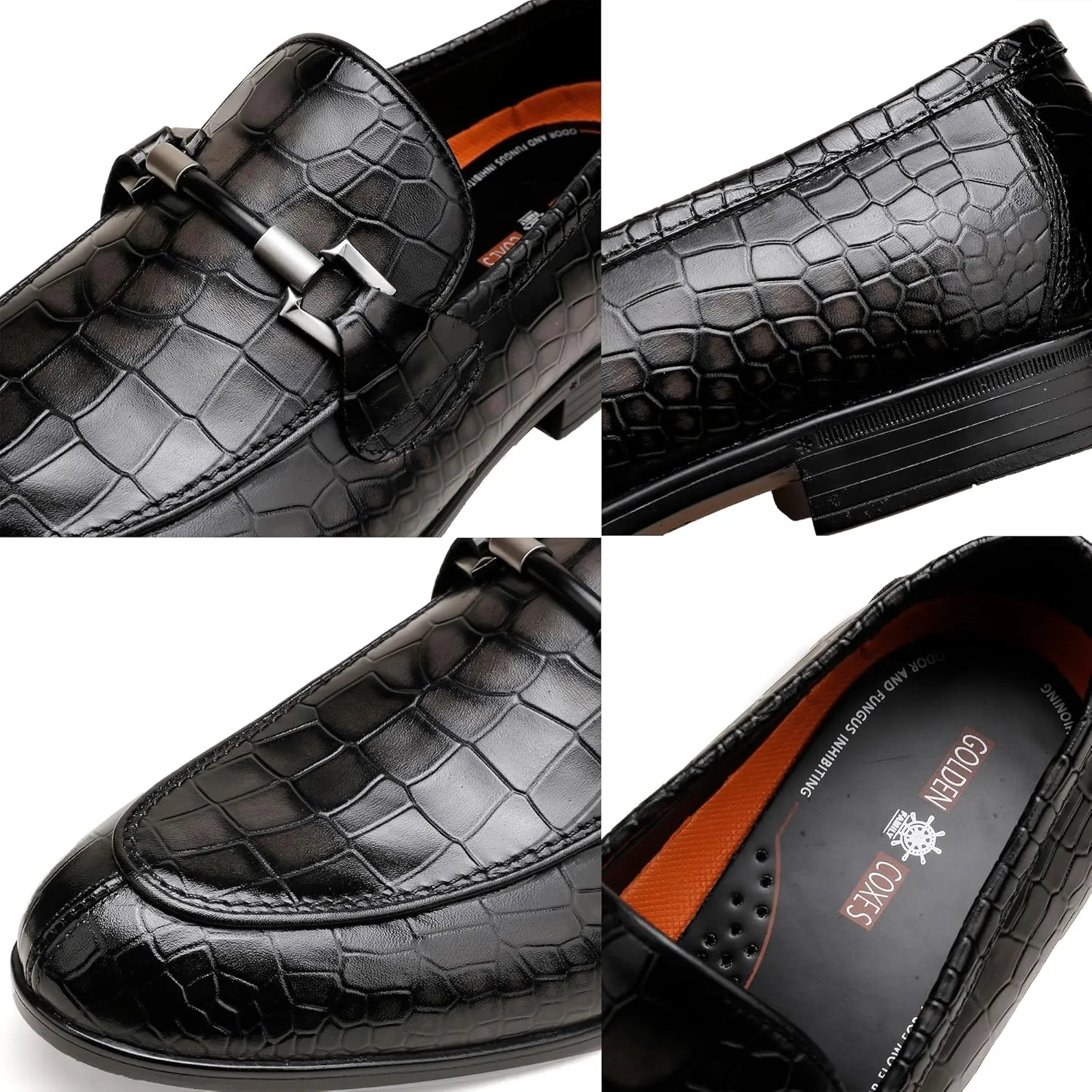 Mens Leather Penny Loafers, Classic Crocodile Printed Business Dress Shoes with Metal Buckle Slip on Penny Shoes for Mens