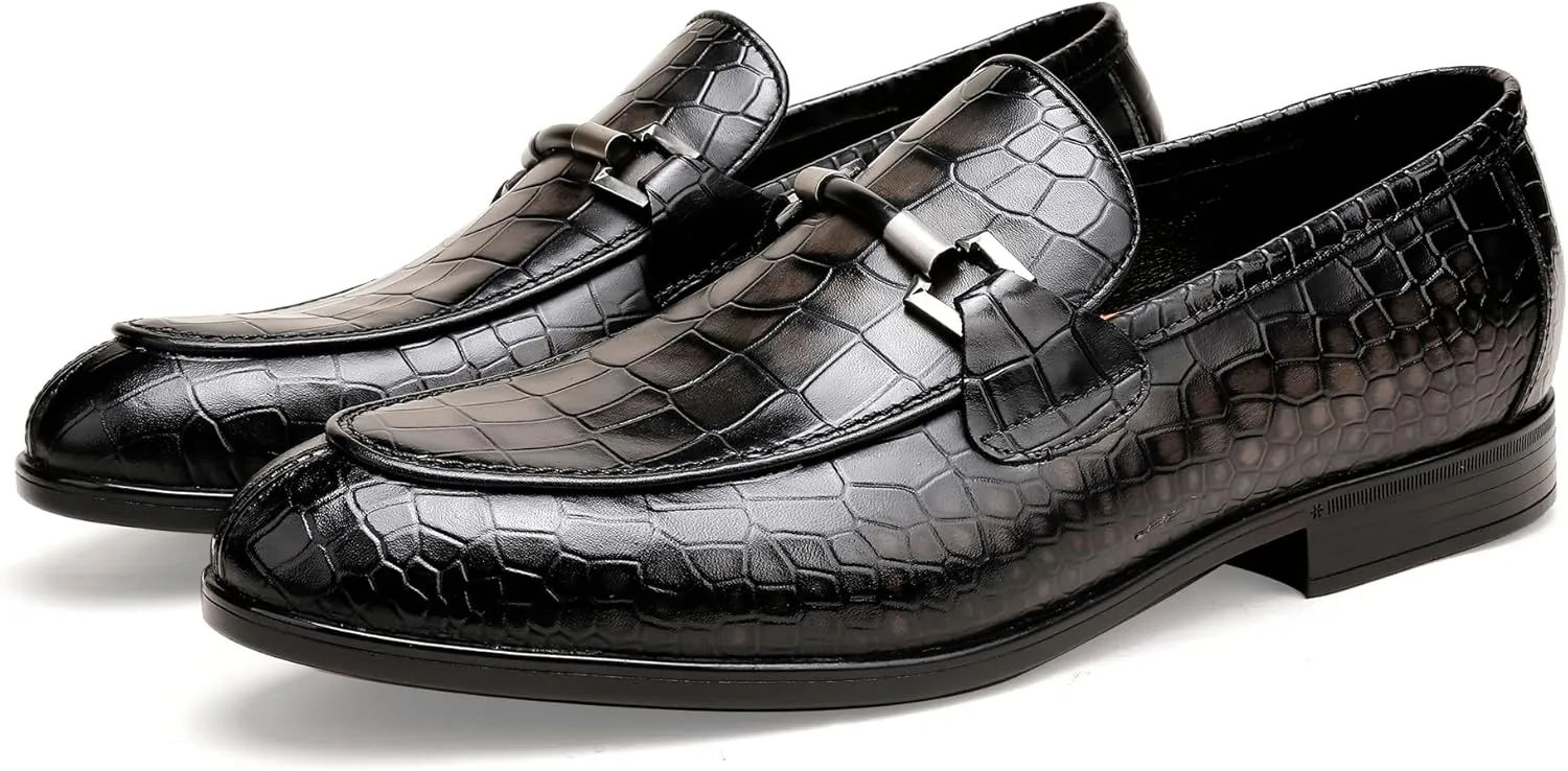 Mens Leather Penny Loafers, Classic Crocodile Printed Business Dress Shoes with Metal Buckle Slip on Penny Shoes for Mens