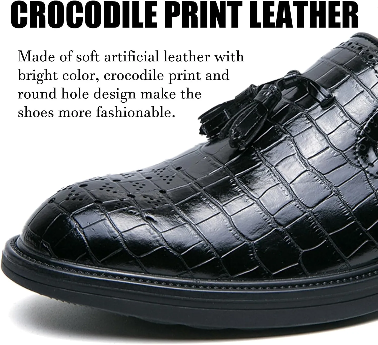 Men's Leather Tassel Loafers Classic Crocodile Printed Slip-on Casual Non-Slip Business Dress Oxford Shoes Penny Loafer for Men