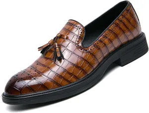 Men's Leather Tassel Loafers Classic Crocodile Printed Slip-on Casual Non-Slip Business Dress Oxford Shoes Penny Loafer for Men