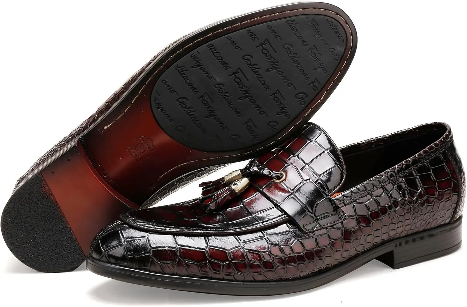 Mens Leather Tassel Shoes, Classic Formal Crocodile Printed Tassel Business Dress Shoes Party Loafers for Men