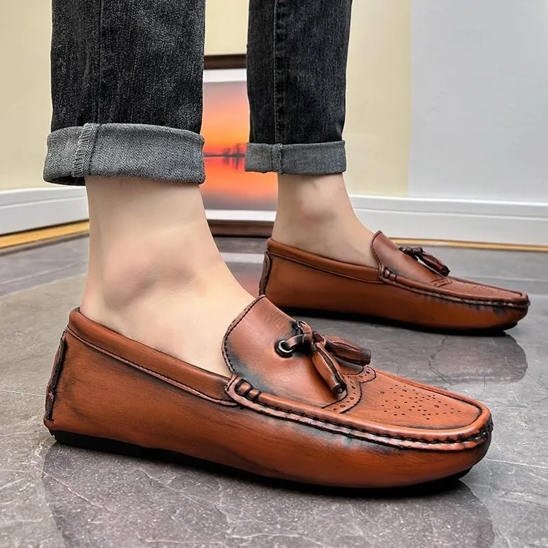 Men's Round Toe Vegan Leather Loafers -Brogue Embossed Driving Shoes with Tassel, Anti-Slip, Lightweight, Flexible Slip-Ons for Party and Outdoor Wear