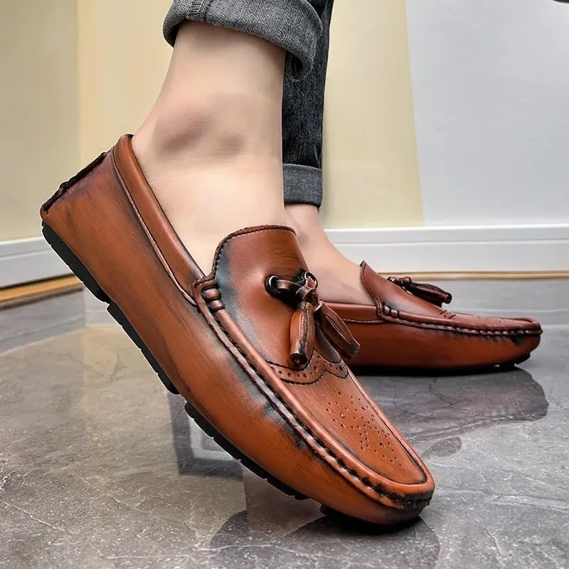 Men's Round Toe Vegan Leather Loafers -Brogue Embossed Driving Shoes with Tassel, Anti-Slip, Lightweight, Flexible Slip-Ons for Party and Outdoor Wear