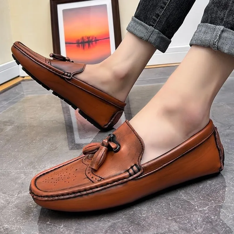 Men's Round Toe Vegan Leather Loafers -Brogue Embossed Driving Shoes with Tassel, Anti-Slip, Lightweight, Flexible Slip-Ons for Party and Outdoor Wear