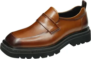 Mens Slip On Loafers Formal Dress Mocasines Genuine Leather Square Toe Wide Penny Loafers Prom Wedding Tuxedo Business Causal Shoes for Men