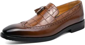 Men's Vintage Leather Wingtip Tassel Brogue Slip-On Dress Loafers Fashion Low-Top Penny Flats Shoes for Business Wedding Party Formal