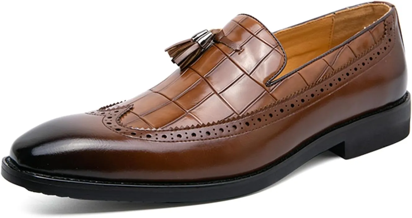 Men's Vintage Leather Wingtip Tassel Brogue Slip-On Dress Loafers Fashion Low-Top Penny Flats Shoes for Business Wedding Party Formal