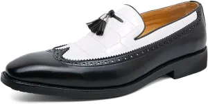 Men's Vintage Leather Wingtip Tassel Brogue Slip-On Dress Loafers Fashion Low-Top Penny Flats Shoes for Business Wedding Party Formal