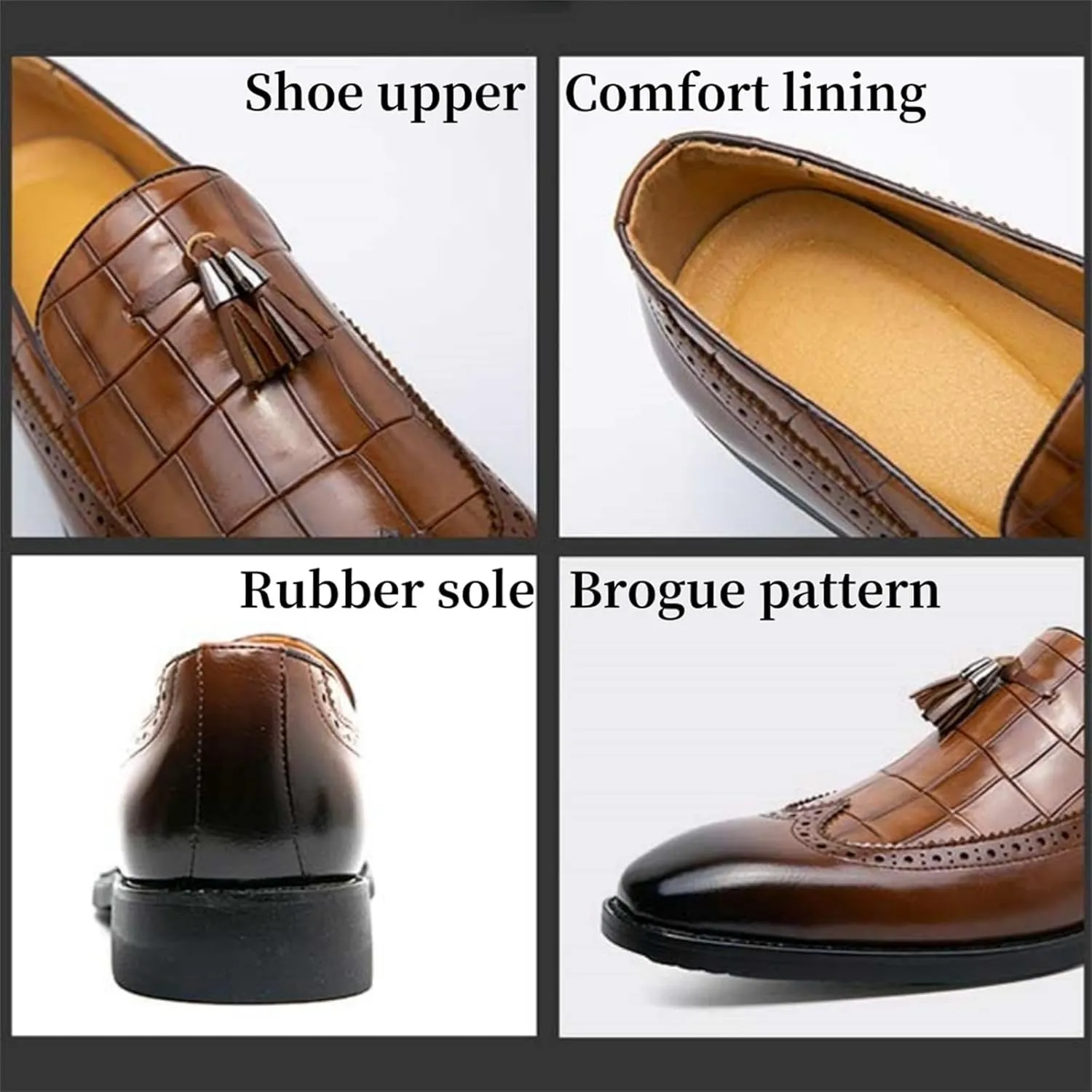 Men's Vintage Leather Wingtip Tassel Brogue Slip-On Dress Loafers Fashion Low-Top Penny Flats Shoes for Business Wedding Party Formal