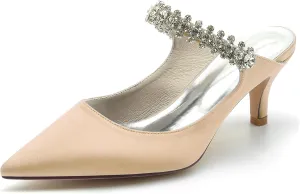 Minishion Womens Formal Shoes for Wedding Low Heel Pointed Toe Party Prom Pumps Mule with Rhinestones BR039