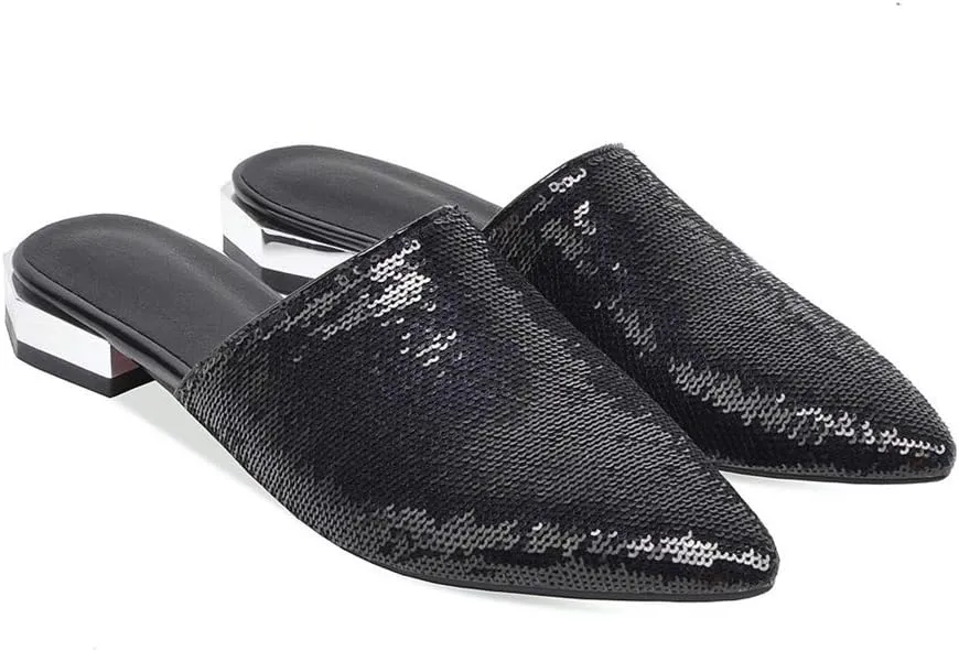 MIOKE Women's Pointed Toe Flat Mules Embroidered Floral Slip On Backless Loafer Low Heel Dress Mule Shoes