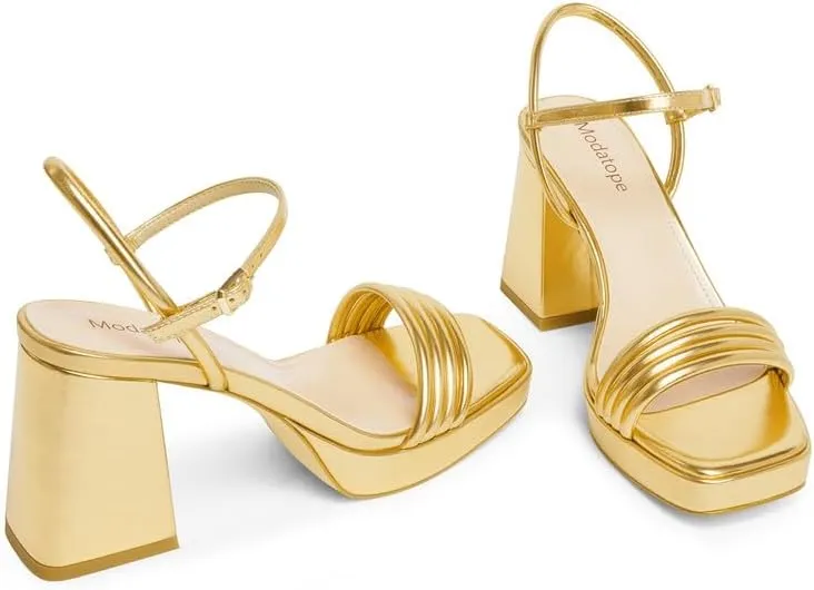 Modatope Platform Bow Sandals for Women Chunky Heel Strappy Platform Heels Square Open Toe Heeled Sandals Ankle Strap Block Heel Sanadals