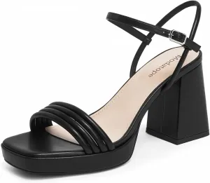 Modatope Platform Bow Sandals for Women Chunky Heel Strappy Platform Heels Square Open Toe Heeled Sandals Ankle Strap Block Heel Sanadals