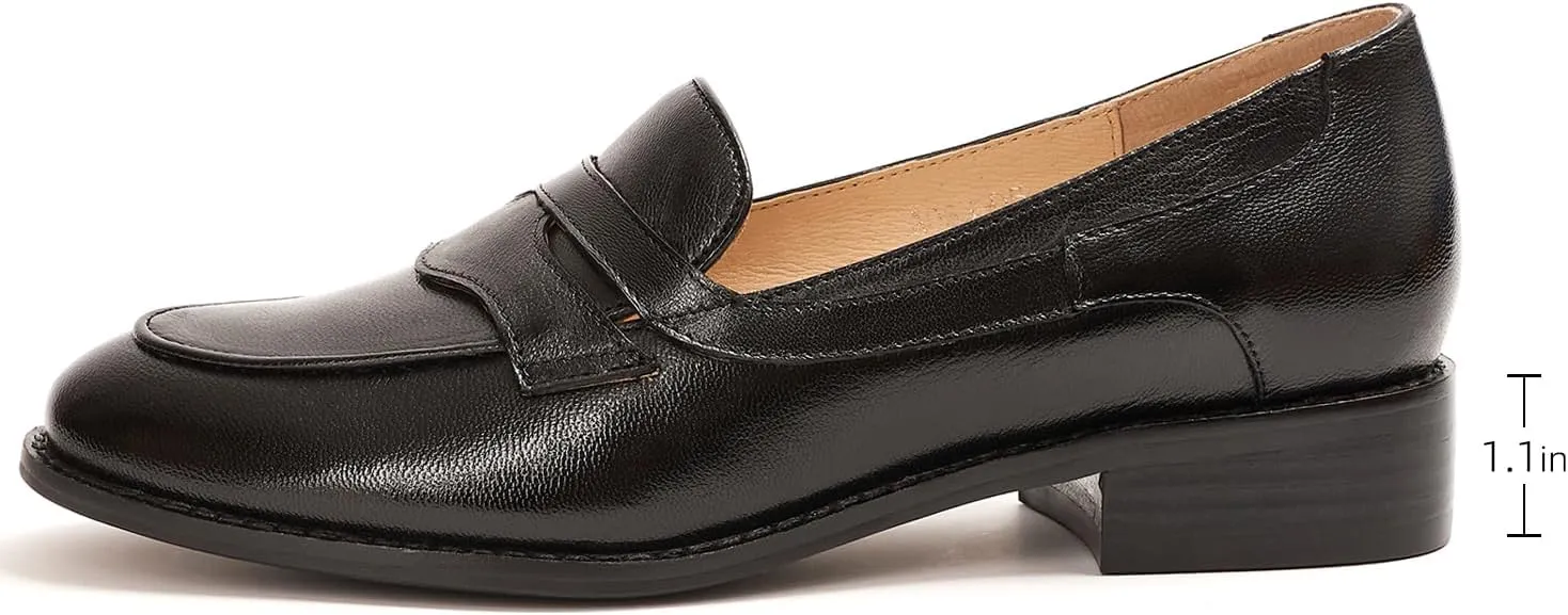 Mona flying Women's Comfort Leather Round Toe Penny Loafers Dress Casual Slip On Flats Ladies Office Work Shoes